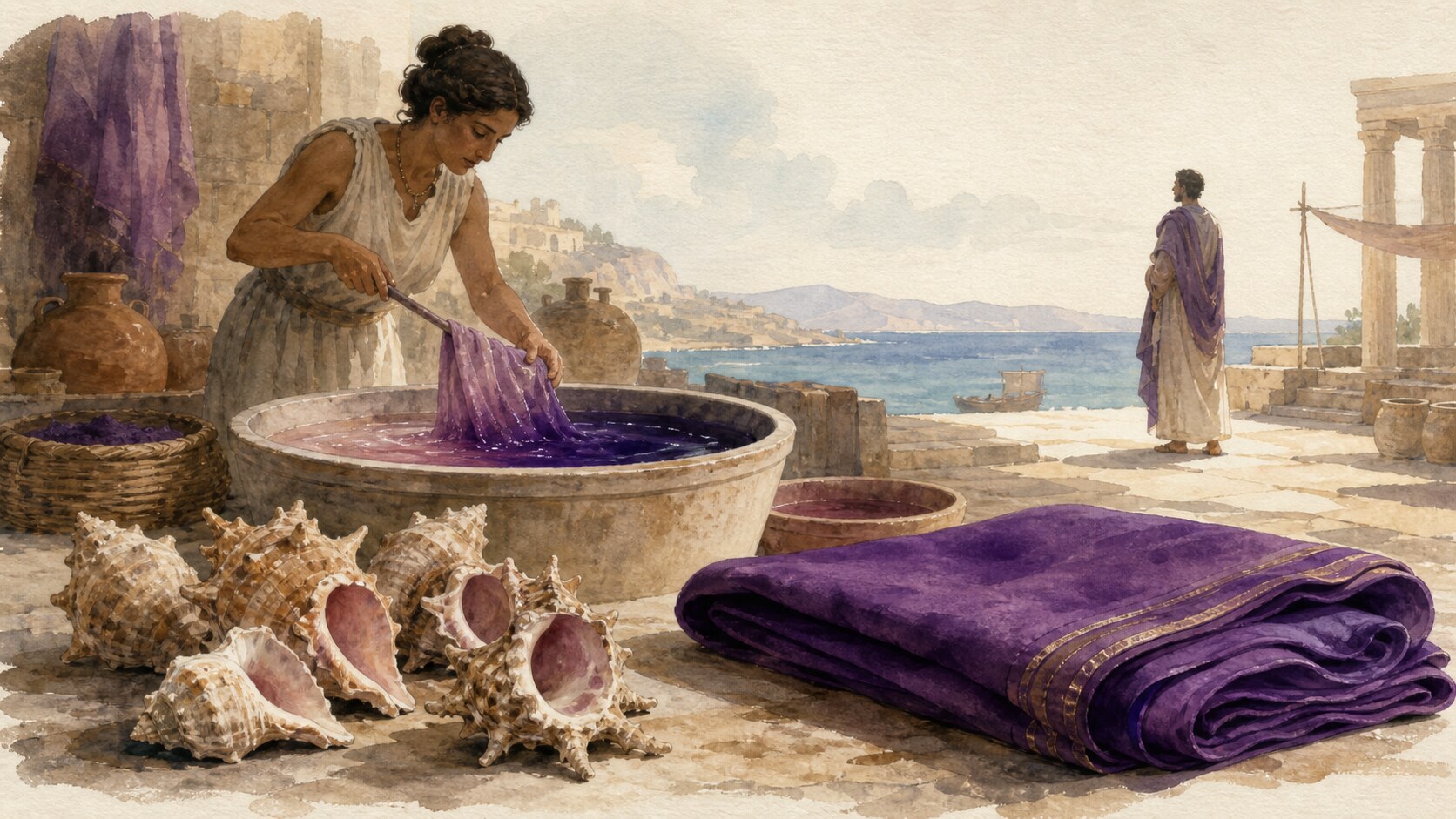 Ancient Mediterranean workshop dyeing purple cloth beside marine snail shells