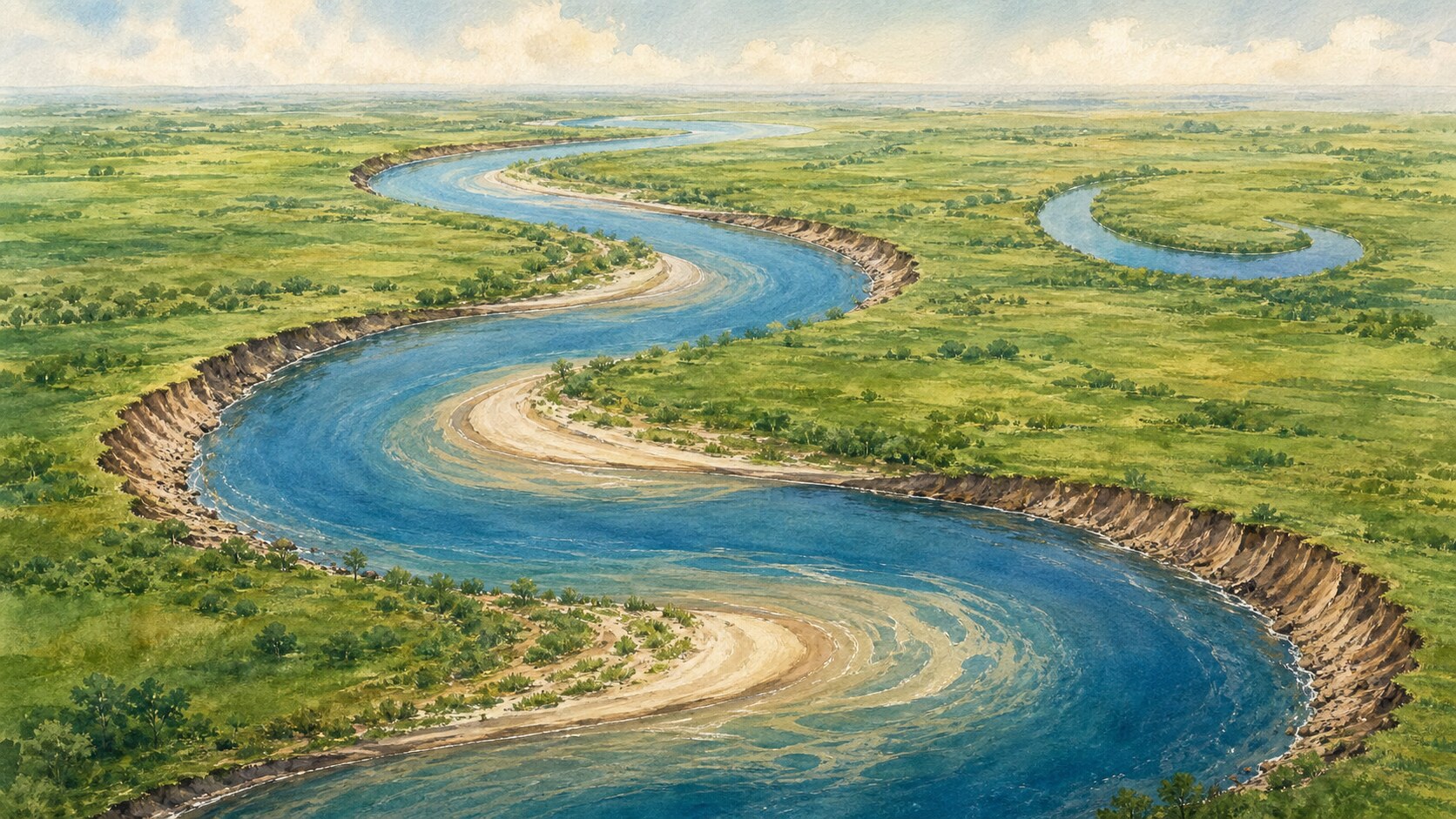 An S-shaped river with eroded outer banks and sandy deposits on inner bends
