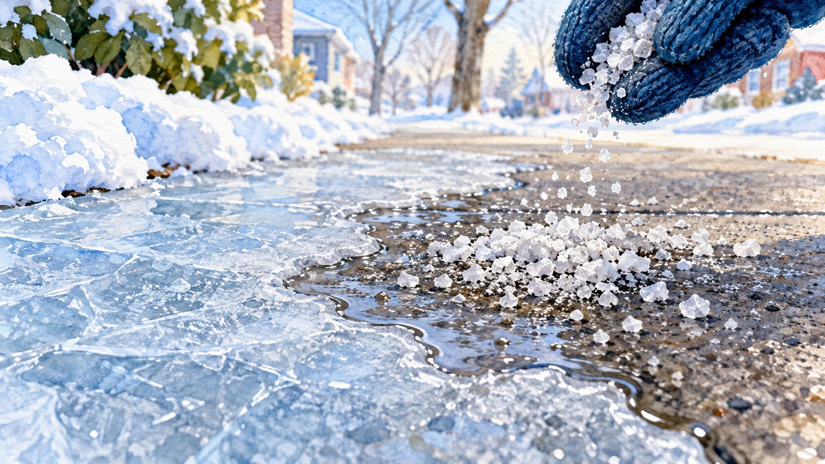 Salt crystals on an icy winter sidewalk forming a thin wet brine along the ice edge