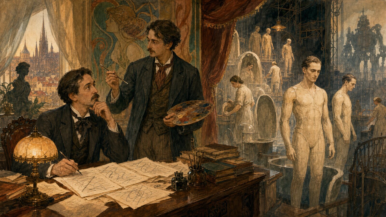 The Čapek brothers conferring in a 1920s Prague studio as the play's factory of humanlike synthetic workers emerges behind them