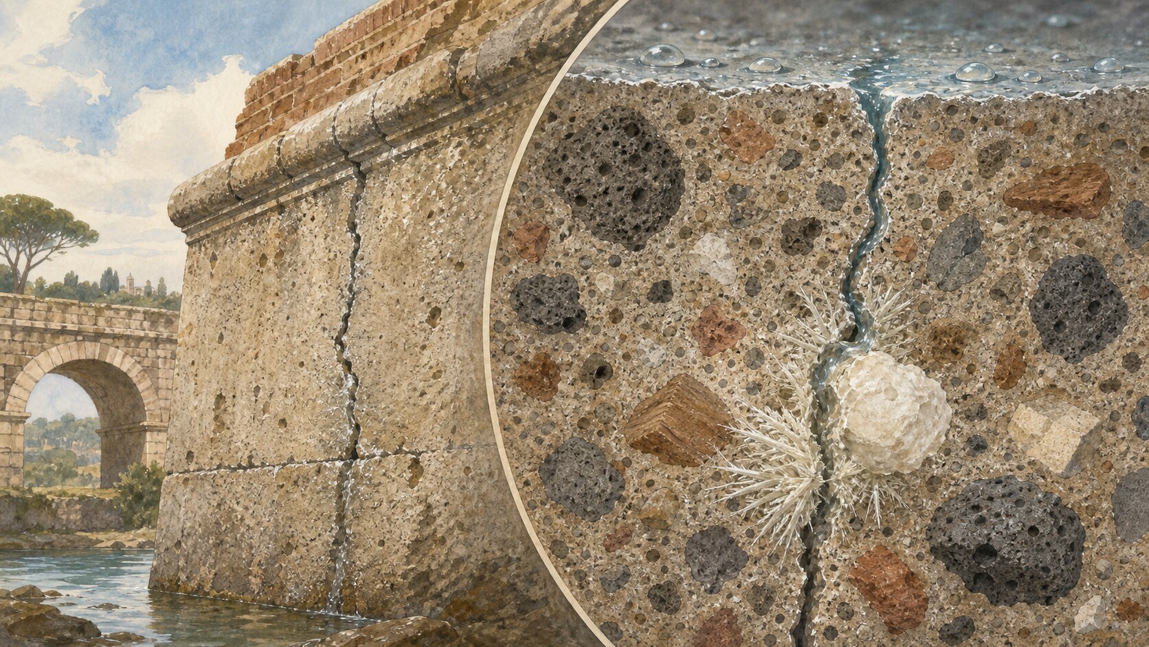 A lime clast reacting with water and growing minerals across a crack in Roman concrete