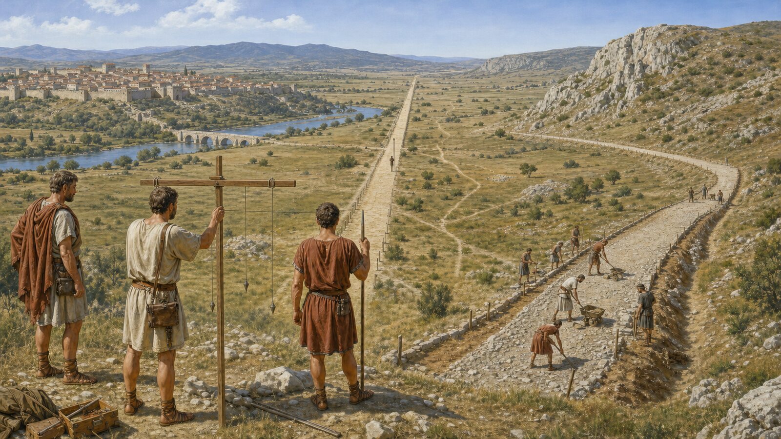 Roman surveyors aligning a long straight section with a groma while builders curve another section around rocky terrain