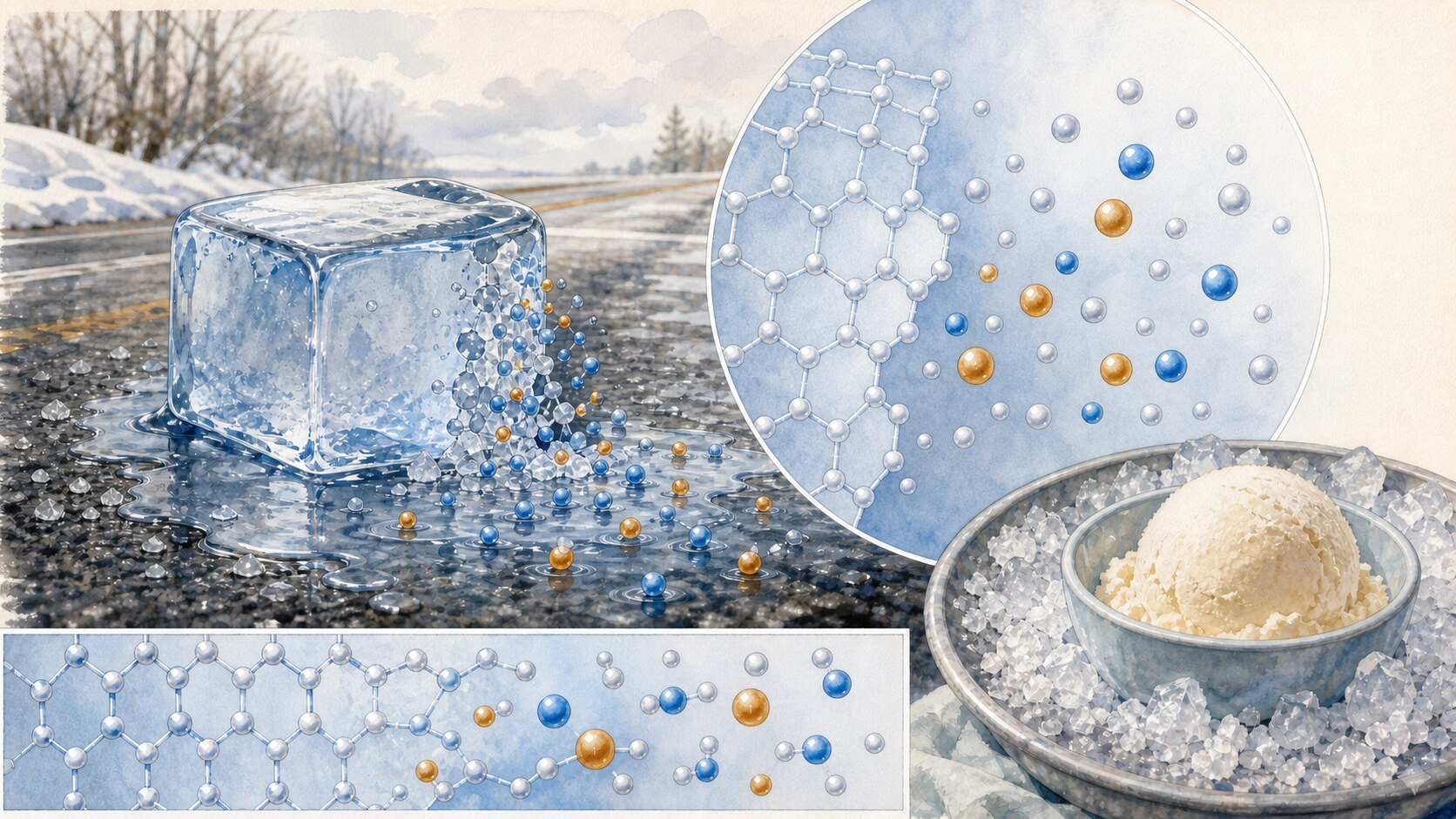 Salt ions dissolving in an ice surface film as the crystal lattice recedes