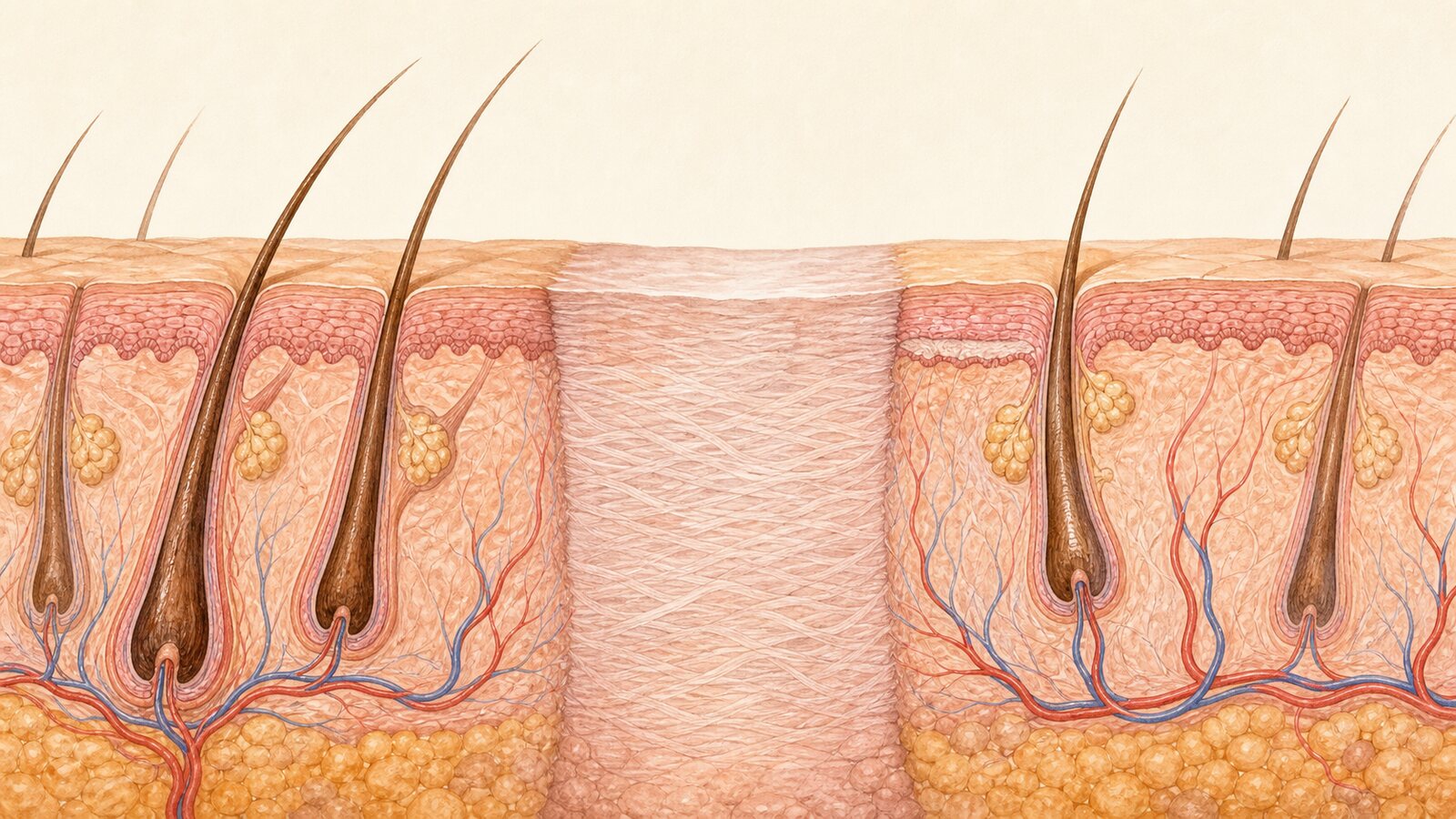 모낭과 피지샘이 있는 정상 피부 사이에 모낭 없이 조밀한 콜라겐으로 채워진 성숙 흉터를 비교한 단면