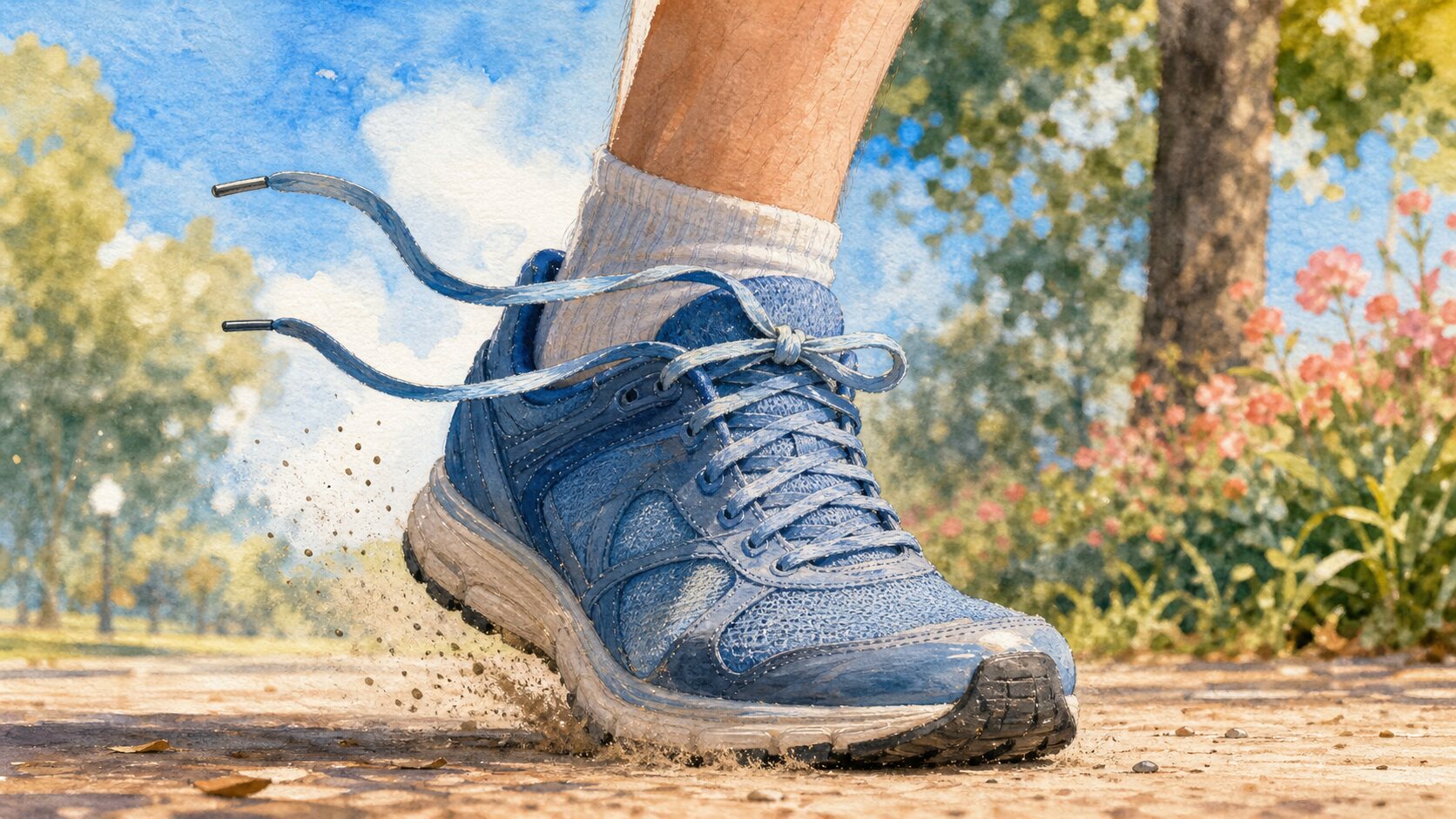 A watercolor close-up of a blue running shoe striking a park path as its bow loosens and lace loops whip backward