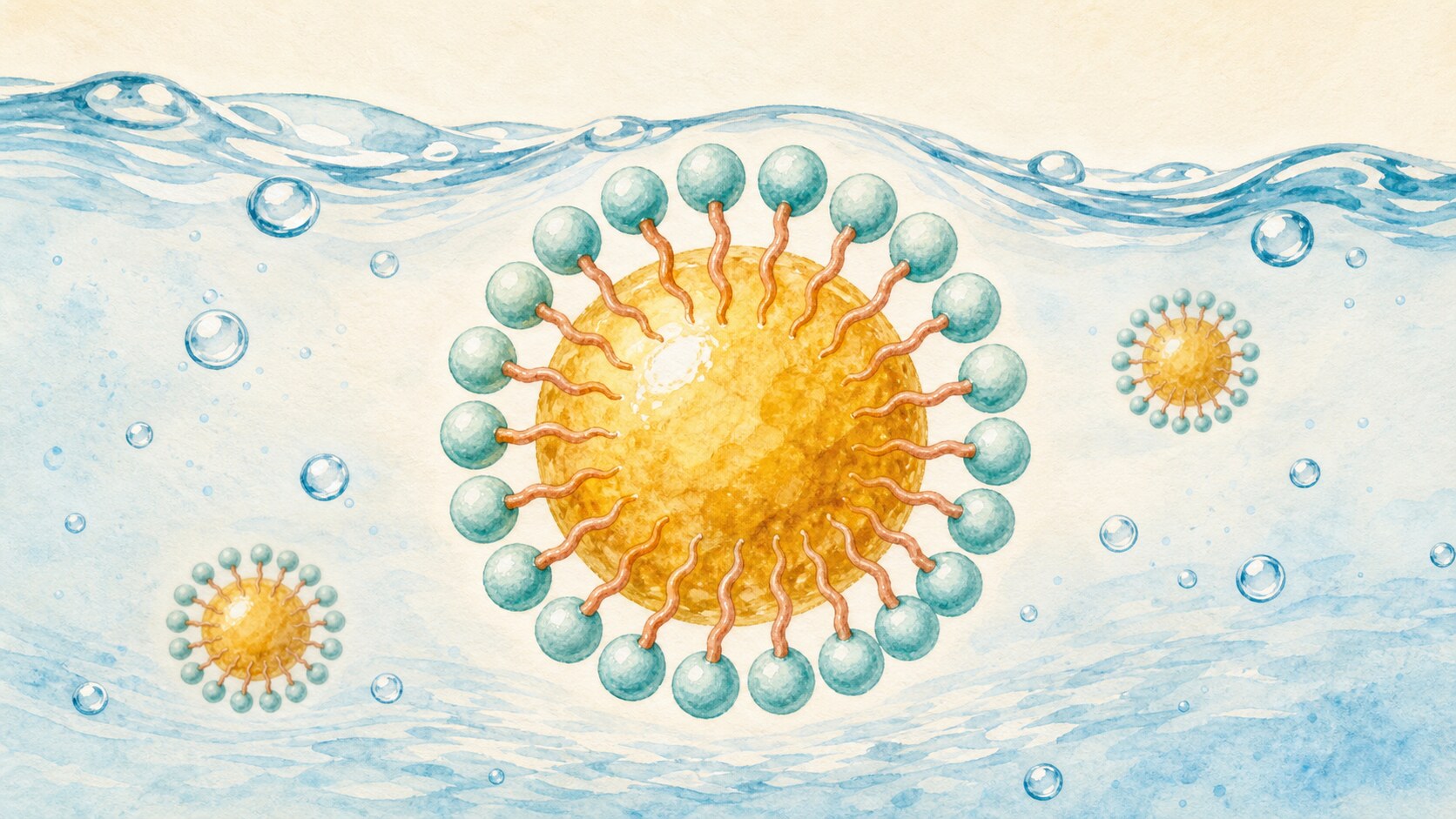 Soap molecules surrounding an oil droplet to form a micelle