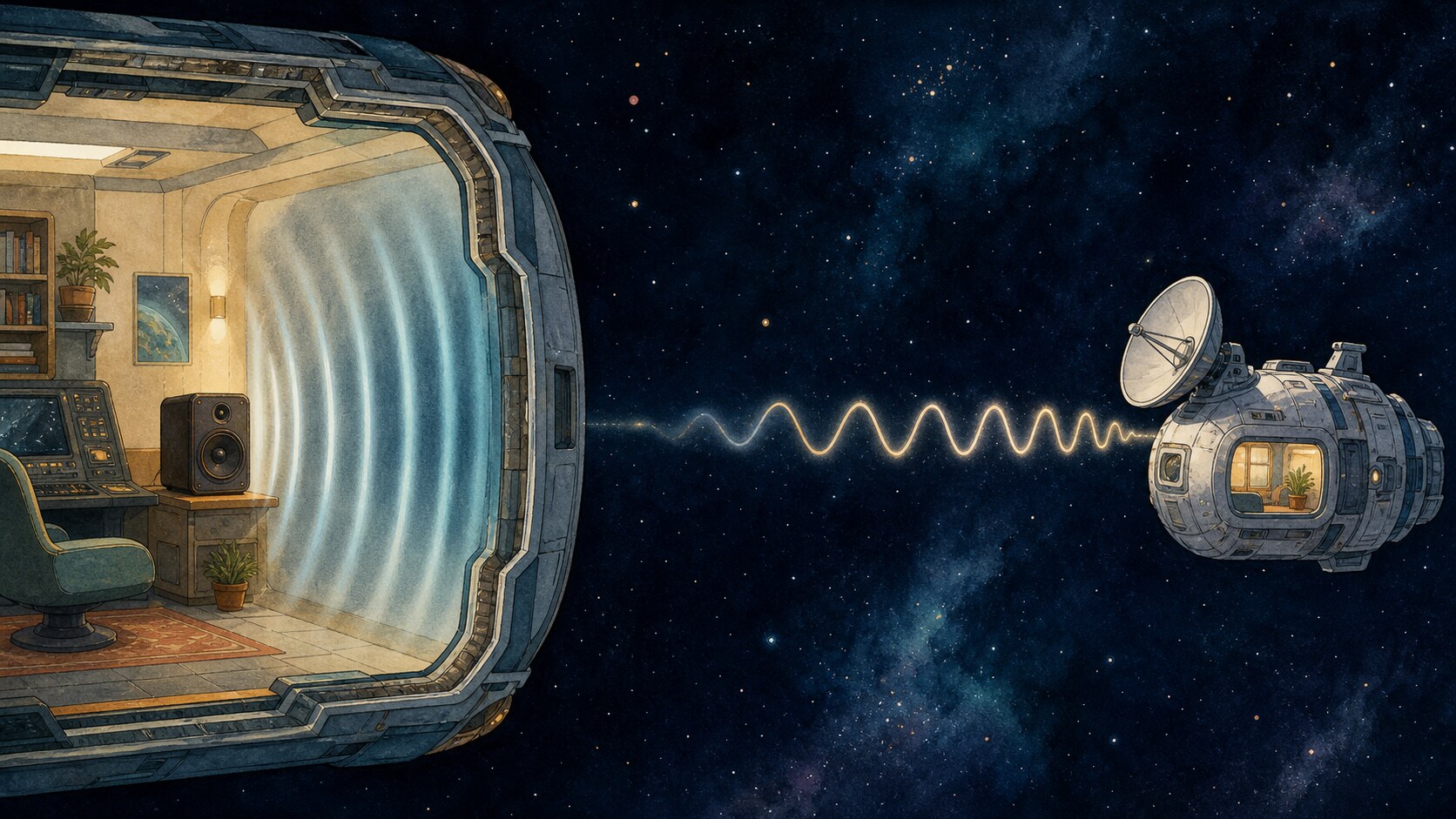 Sound waves stopping at a spacecraft hull while radio crosses the vacuum