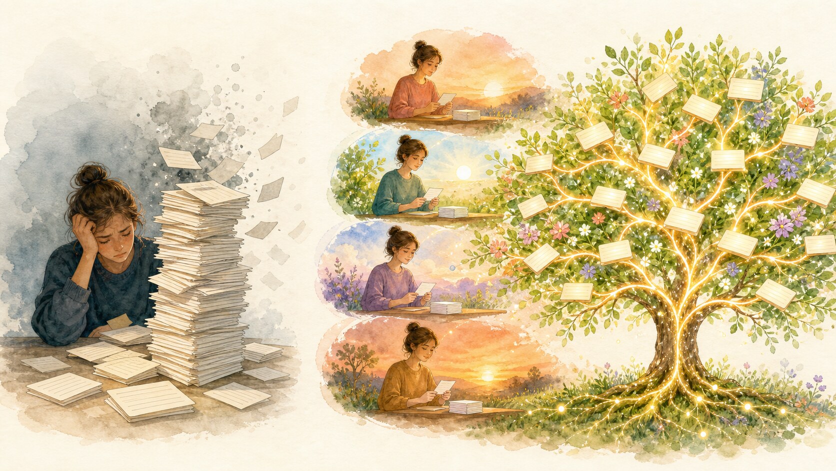 A crowded stack of study cards contrasted with a memory tree strengthened across repeated sessions