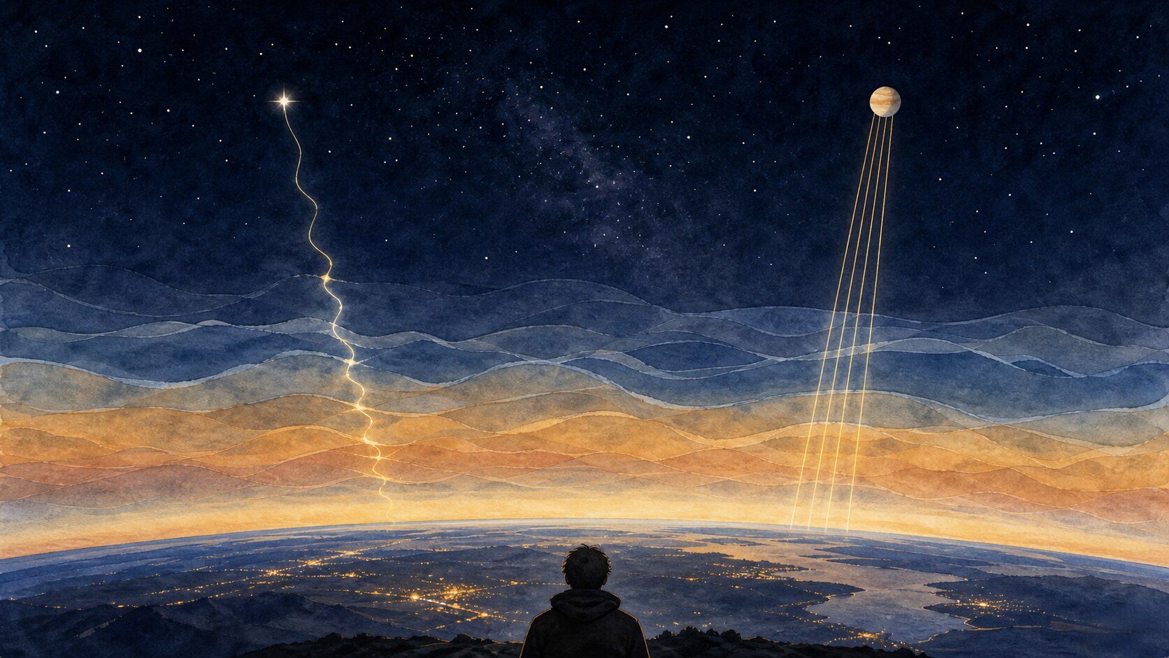 A star's single light path bending through turbulent air while multiple paths from a planetary disk average together
