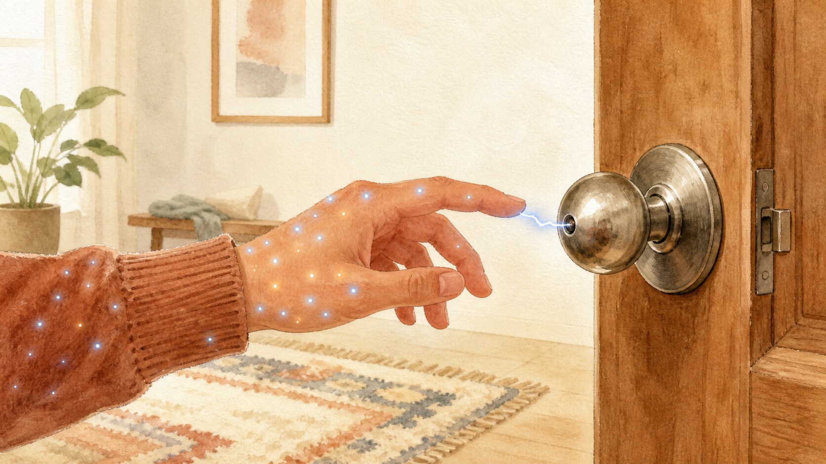 A tiny static spark discharging from a fingertip toward a metal doorknob after walking across a rug