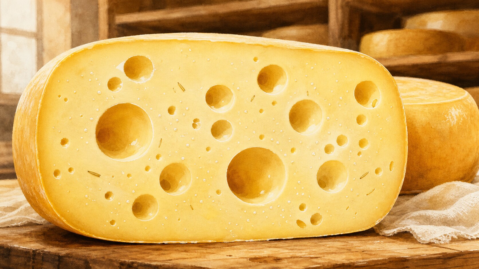 Rounded gas eyes growing around microscopic plant-particle nuclei in a ripening Emmental cheese cross-section