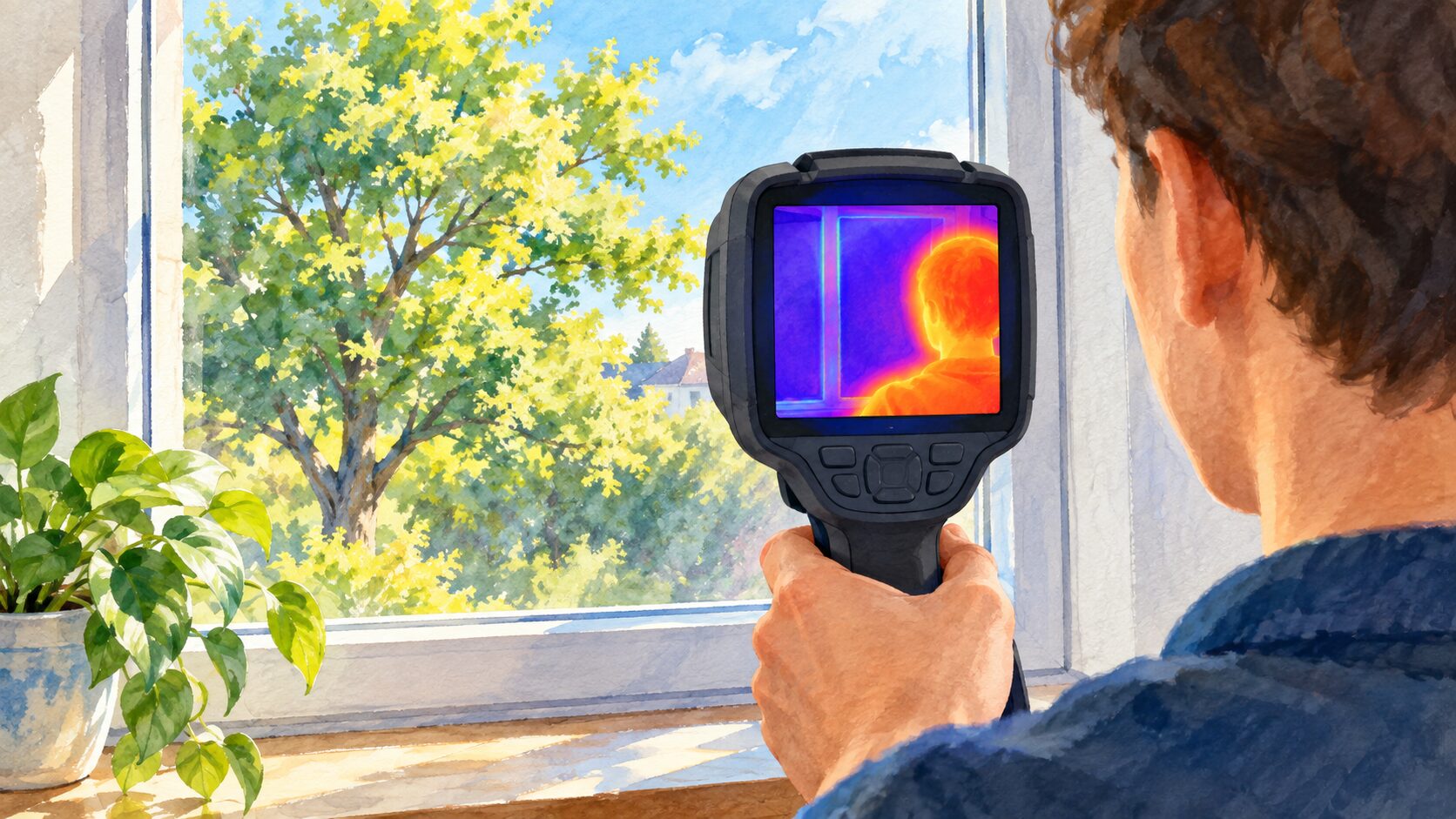 Watercolor thermal camera reflecting its operator in a window instead of showing the tree beyond