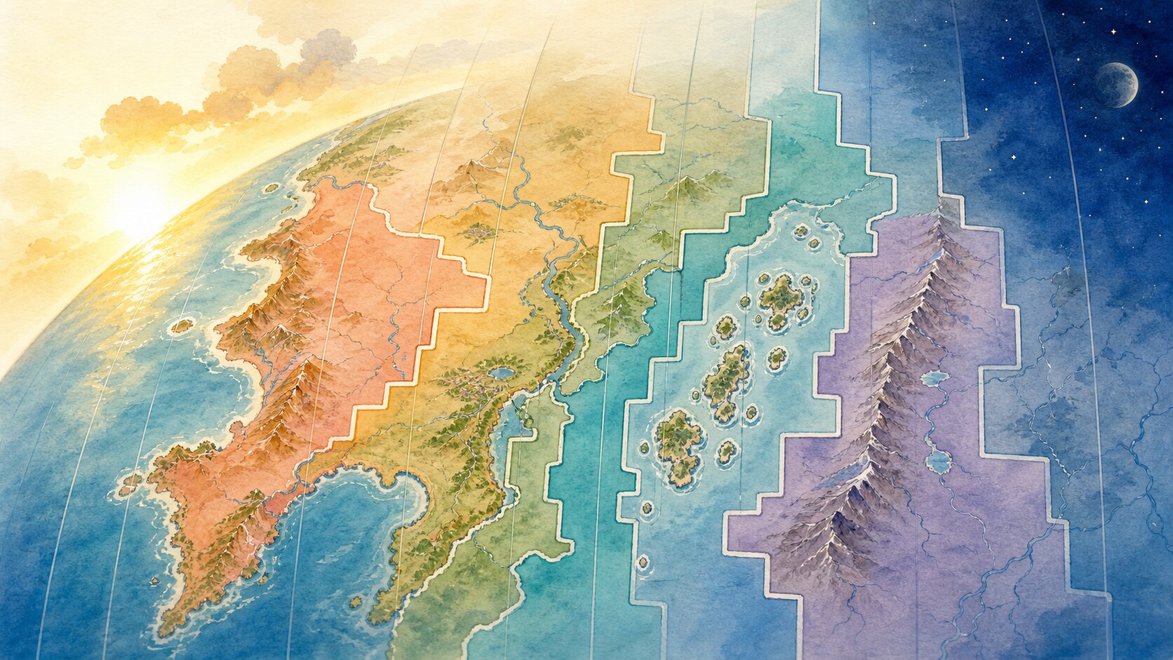 Colored time-zone regions zigzagging around rivers, mountains and island groups over straight longitude lines on Earth