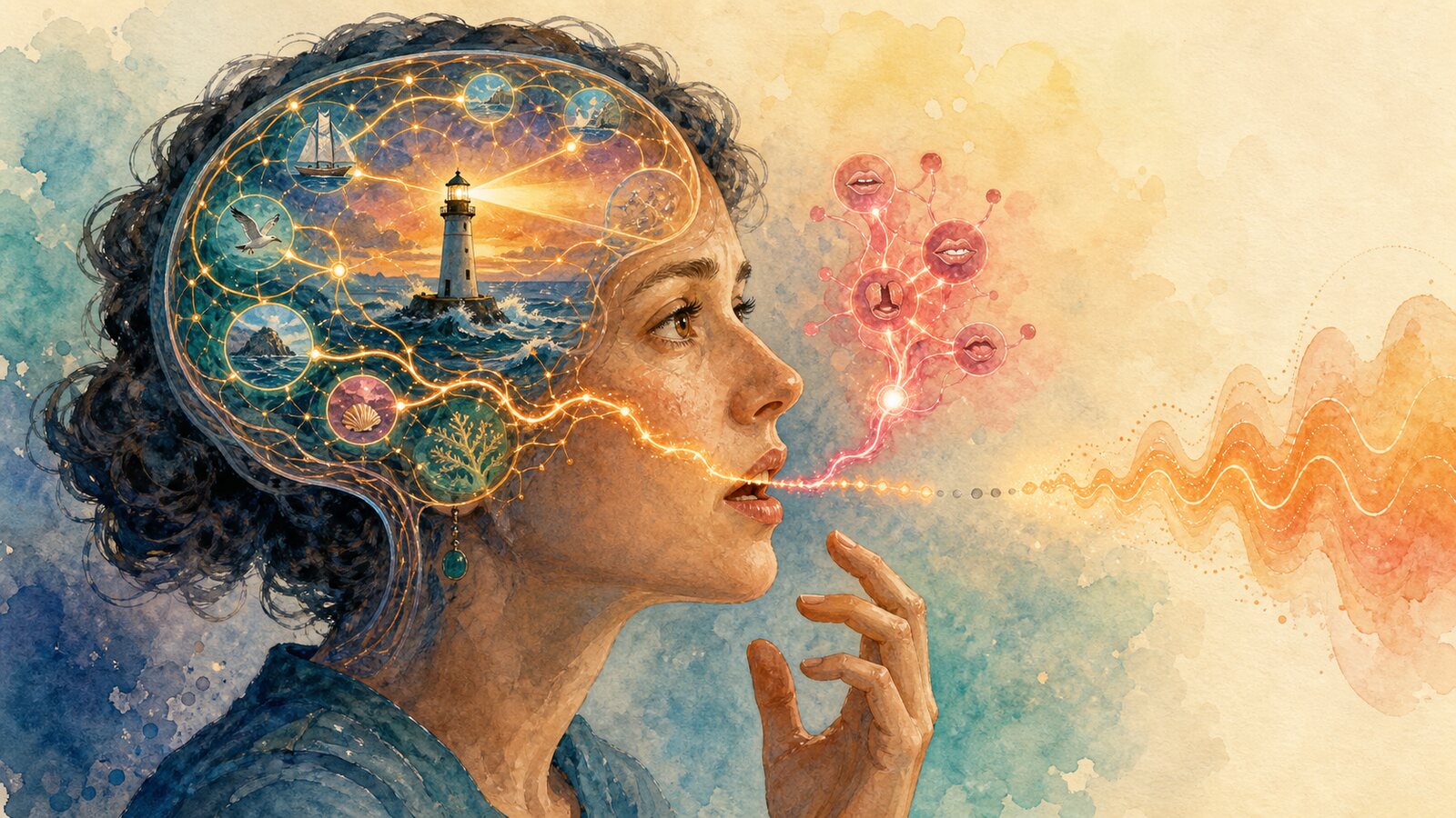 A person in conversation whose concept of a lighthouse is brightly active while the signal toward spoken sound stops at a small gap