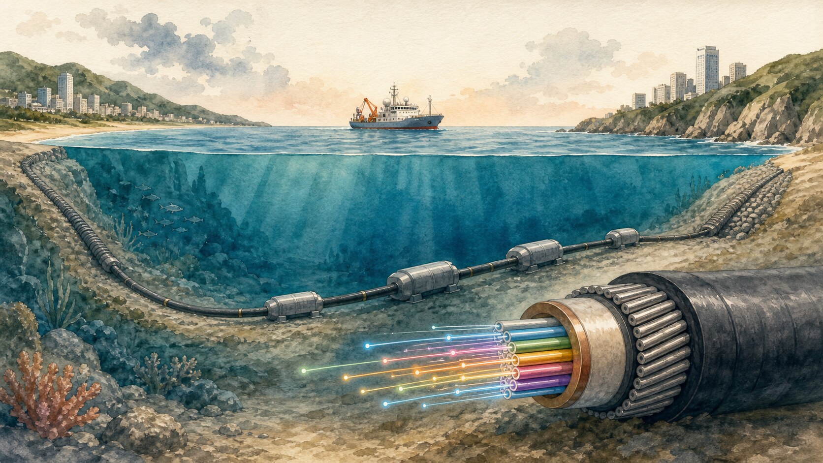Colored light signals traveling through an undersea fiber-optic cable and repeaters