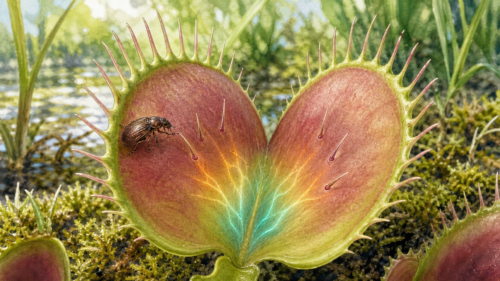 A watercolor open Venus flytrap in a wetland as a small beetle bends a trigger hair and a subtle electrical-calcium signal spreads through the leaf