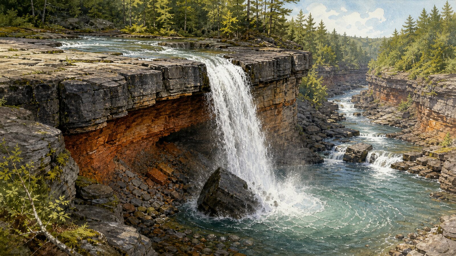 A layered-rock waterfall with a softer undercut bed, a collapsed caprock block, and an active plunge pool below