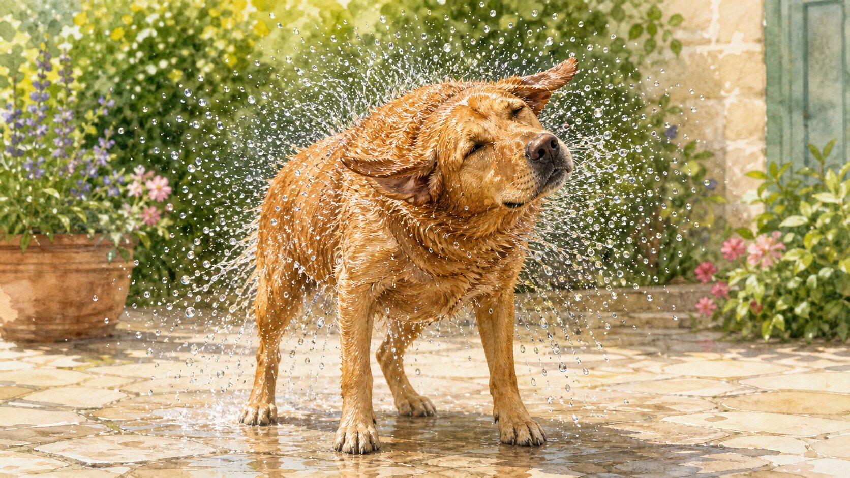 A wet dog planted on four paws in a sunlit garden, twisting its loose skin and fur as clear droplets fly outward in a broad halo